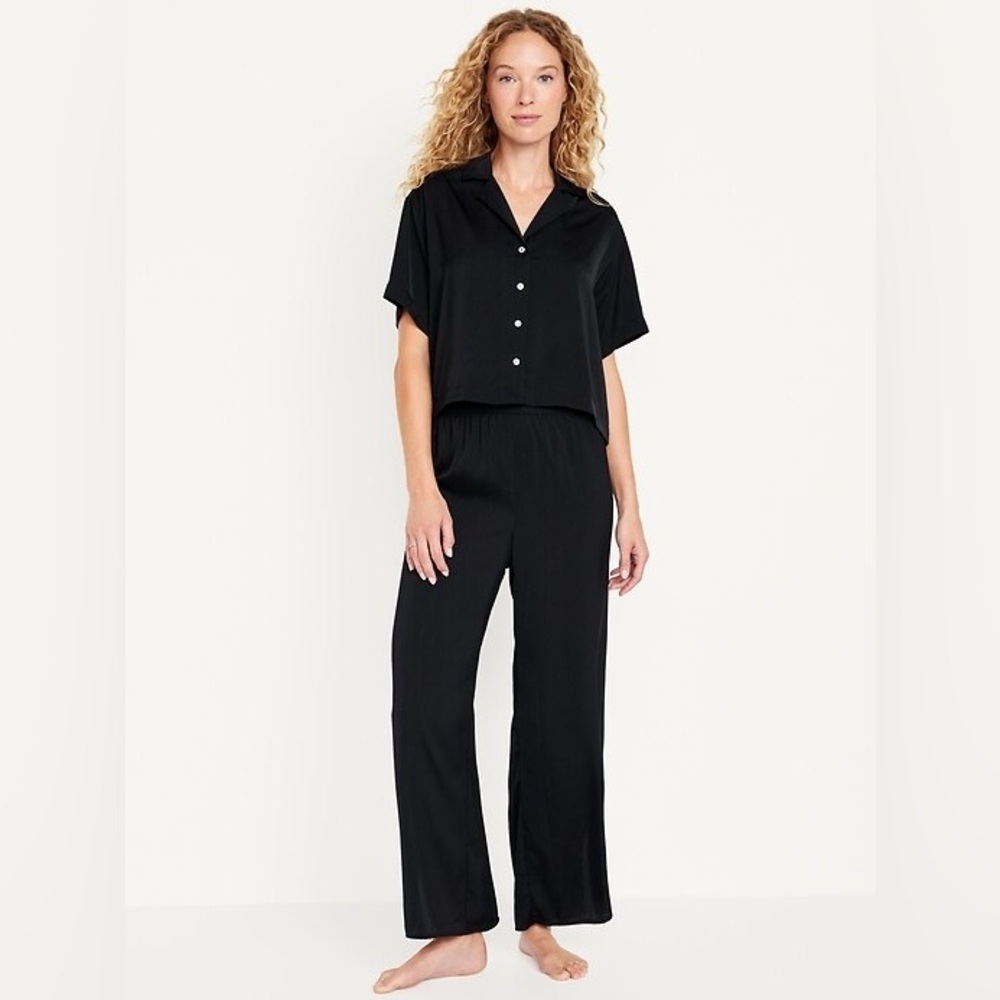 Old Navy Satin Black Pajama Set Short Sleeve Button-Up Top and Pants Medium EUC